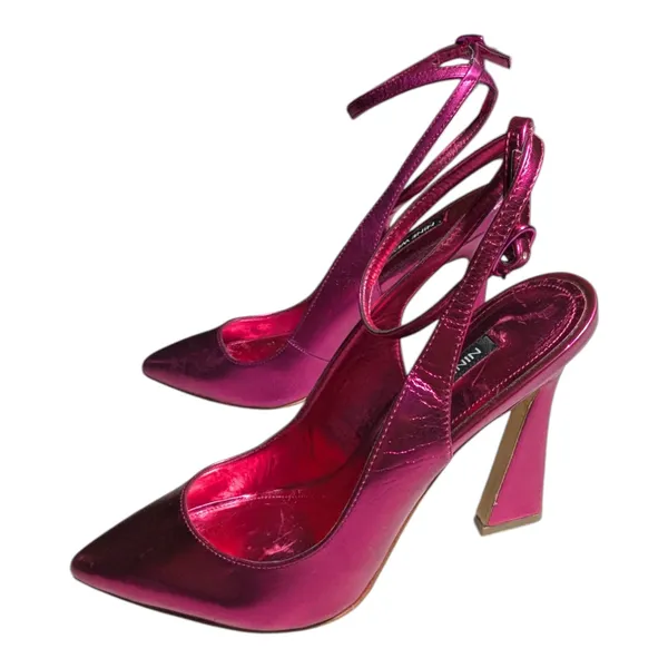 Nine West Tabita Fuchsia Pink Metallic Pointed Toe Flare Heel Ankle Strap Pump 8 - Image 7