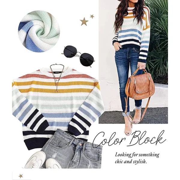 Long Sleeve Striped Color Block Casual Loose Knitted Pullover Sweater Top Medium - Image 7