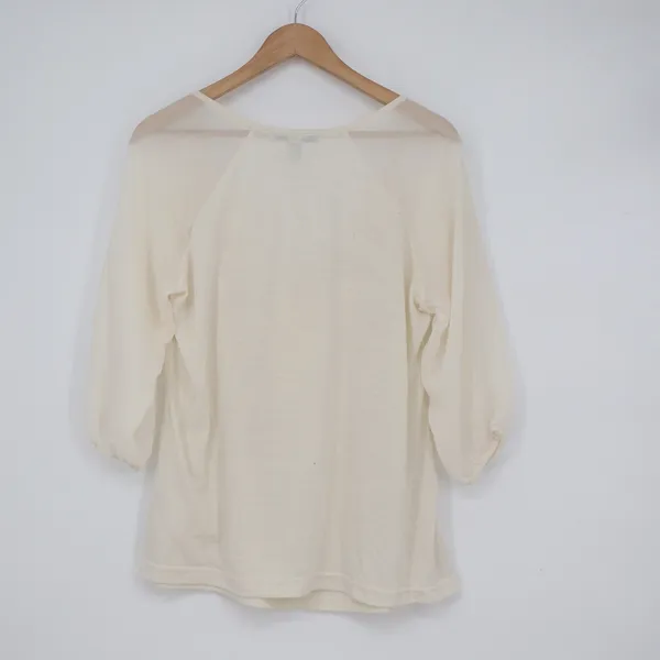 French Laundry Cream Sheer Raglan 3/4 Sleeve Tie Front Blouse Large - Image 5