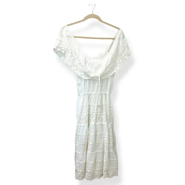 Vtg Women Off Shoulder Dress L White Small‎ Boho Cottagecore Lace Tiered Fairy - Image 2