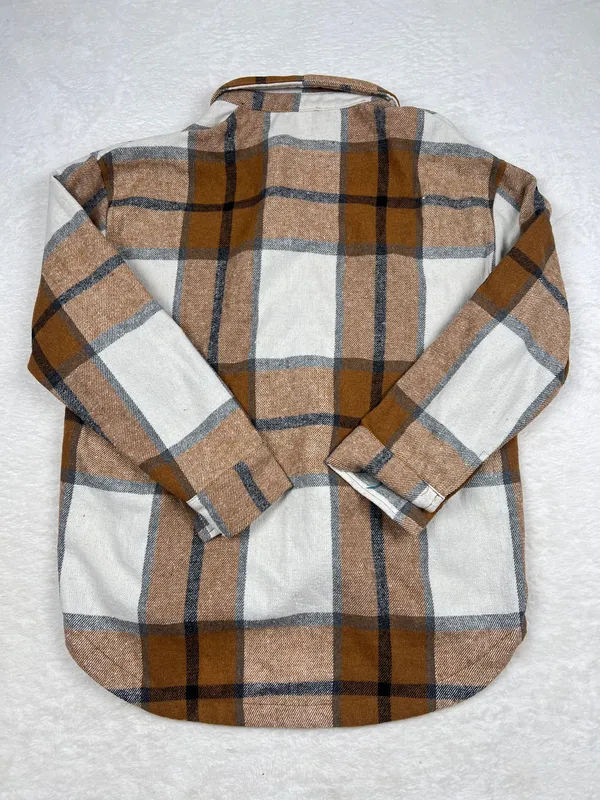 Staccato Oversized Plaid Flannel Shacket Womens M Brown Cream Fall Jacket - Image 2