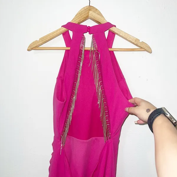 Sincerely Jules hot pink glitter fringe open back high neck mini dress - Image 6