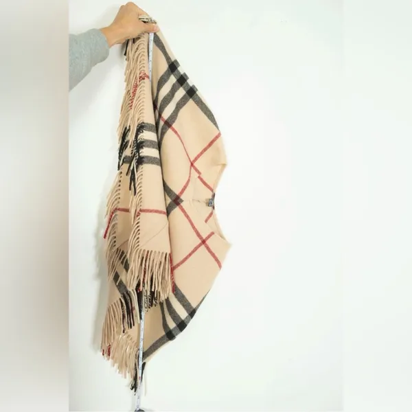 Burberry London Lamba Wool Nova Check Scarf Poncho Plaid Tan Black Red Fringe - Image 5