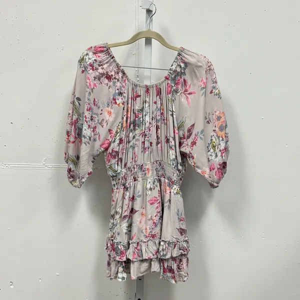 Here Comes the‎ Sun Floral Romper Small Pink Smocked Waist Ruffle Hem Small Boho - Image 2