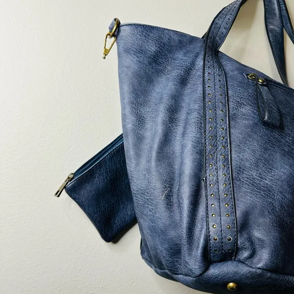 AMPERE Vegan Blue Leather The Amelie Tote Brass Hardware Coin Purse Shoulder Bag - Image 5