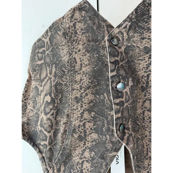 Vigoss Brown Snakeskin Denim Vest Button Front‎ Western Animal Print Womens XL - Image 2