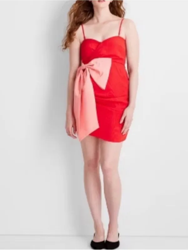 Strapless Red Mini Dress with Blush Bow - Image 2