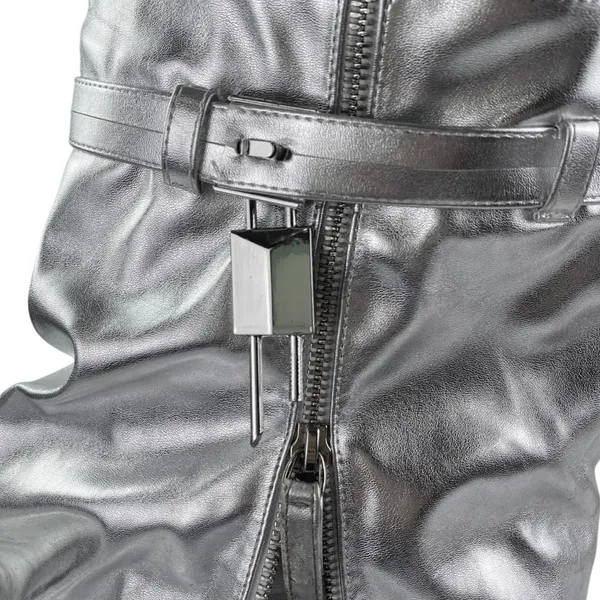 Women's Silver Metallic Leather Zip Fold Over Padlock Platform Mid Calf Boots 10 - Image 6