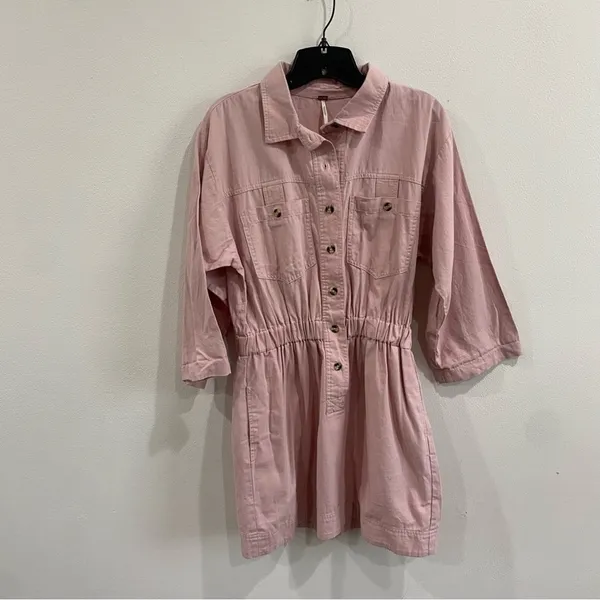 Free People Hazel Pink Shirt Dress Cotton‎ Blend Button Front XS Boho Chic - Image 3