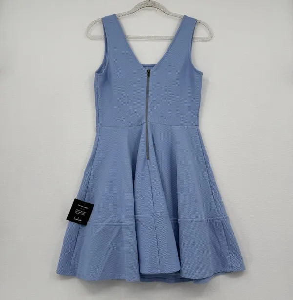 Lulus Fit & Flare Mini Dress Blue Textured Sleeveless Zip Back Chic Summer Sz L - Image 2