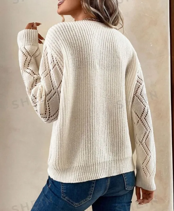 LUNE Guipure Lace Panel Pointelle Knit Drop Shoulder Sweater - Image 2