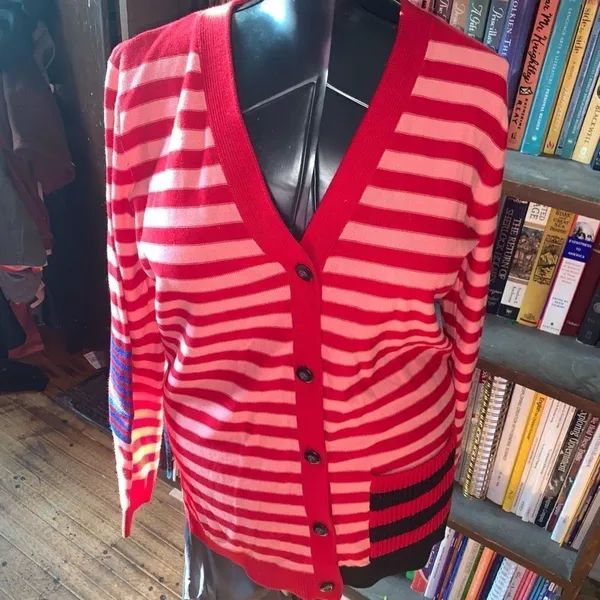 CAbi picnic red & pink striped M grandpa cardigan - Image 2
