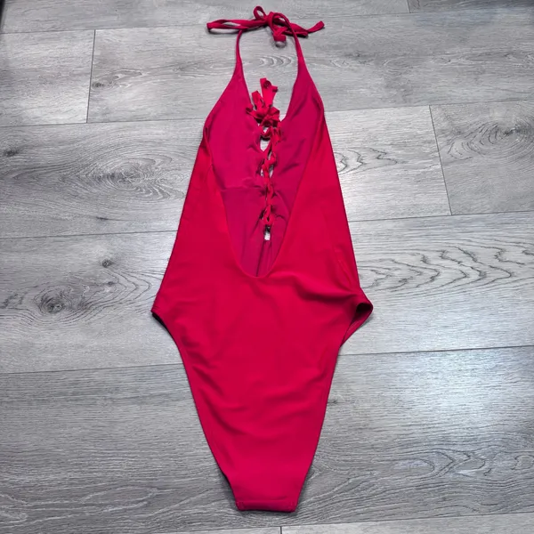 Aerie Womens Red Lace Up‎ Plunging Halter One Piece Swimsuit Size Medium M - Image 4