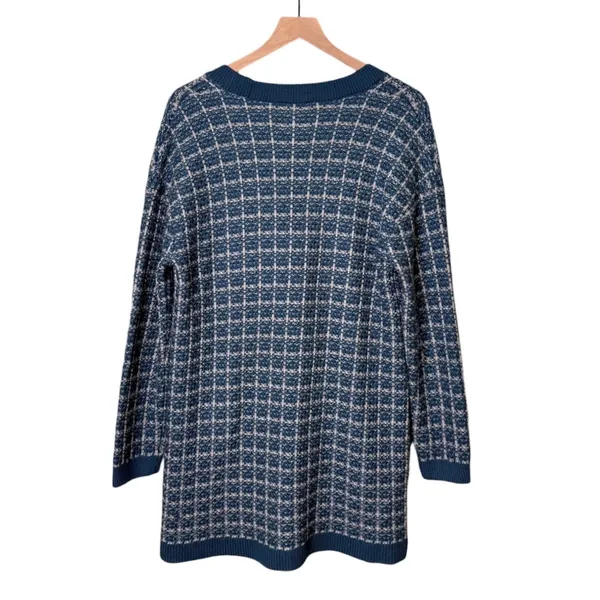 Talbots Merino Wool V Neck Cardigan Sweater Texture Plaid Blue White Size Medium - Image 4