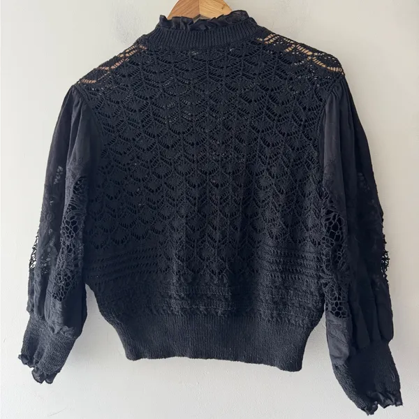 Zara Black Crochet Lace Puff Sleeve Cropped Sweater‎ Boho Top Victorian - Image 3