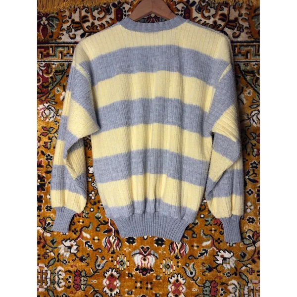 90s VTG Oversized Butter Yellow Striped Ribbed Crewneck Cotton Knit Sweater sz L - Image 6