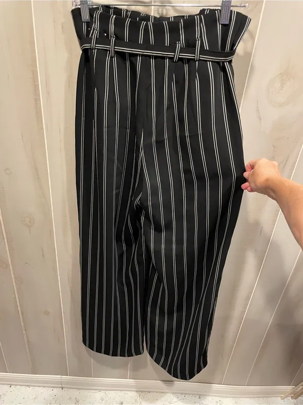Cute classic flowy stripe paper bag waist belted pants wide leg Express office - Image 8