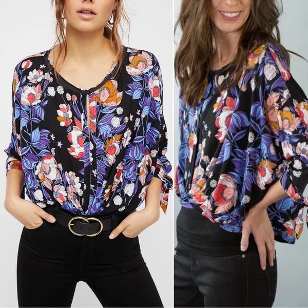 Free People Tropical Floral Print 3/4 Sleeve Blouse Size Small - Image 13