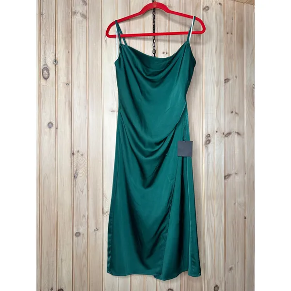 NWT Lulus Hollywood Woman Forest Green Satin Midi Dress Party Wedding Holiday L - Image 2