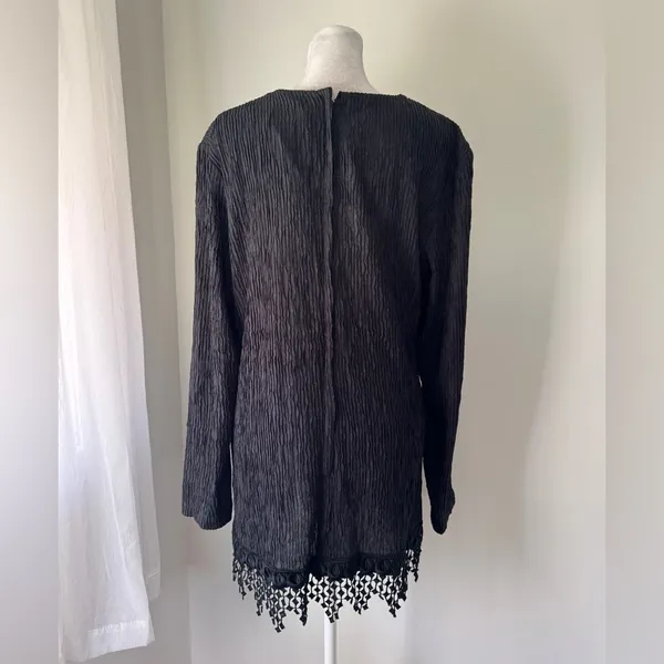 Vintage ‘90s Melissa Black Fringe Hem Long Sleeve Mini Shift Dress - Image 4