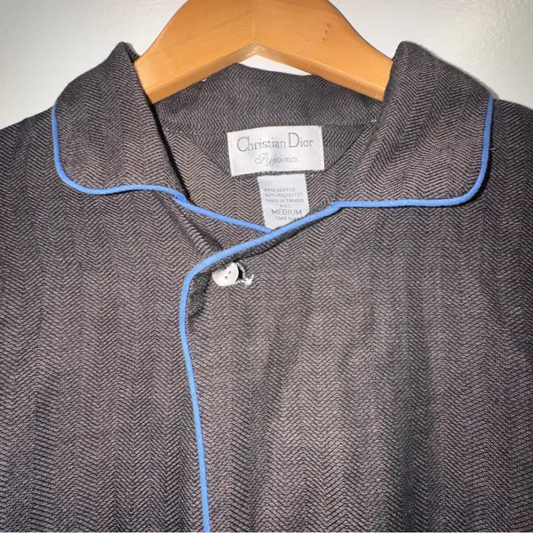Vintage Christian Dior Pyjama Herringbone Button Front Lounge Shirt M Luxury 80s - Image 5