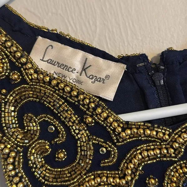 Vtg Laurence Kazar Halter Beaded embellished silk formal gown dress blue gold‎ L - Image 6