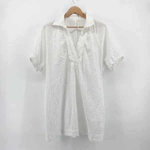 Anthropologie White V-Neck‎ Tiered Sleeve Tunic Dress Textured Collared Medium - Image 3