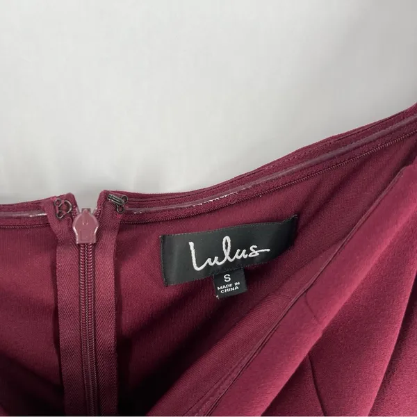 Lulus Burgundy Stretch Crepe‎ Off The Shoulder 3/4 Sleeve Faux Wrap Midi Dress - Image 4