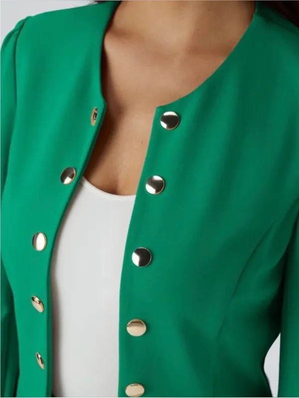 Halara Round Neck Long Sleeve Decorative Button Slim Work‎ Blazer Green NWT - Image 2