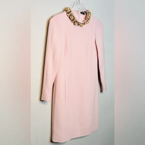 Worth Blush Pastel Pink Beaded Collar Wool Blend Shift Long Sleeve Dress - Image 3