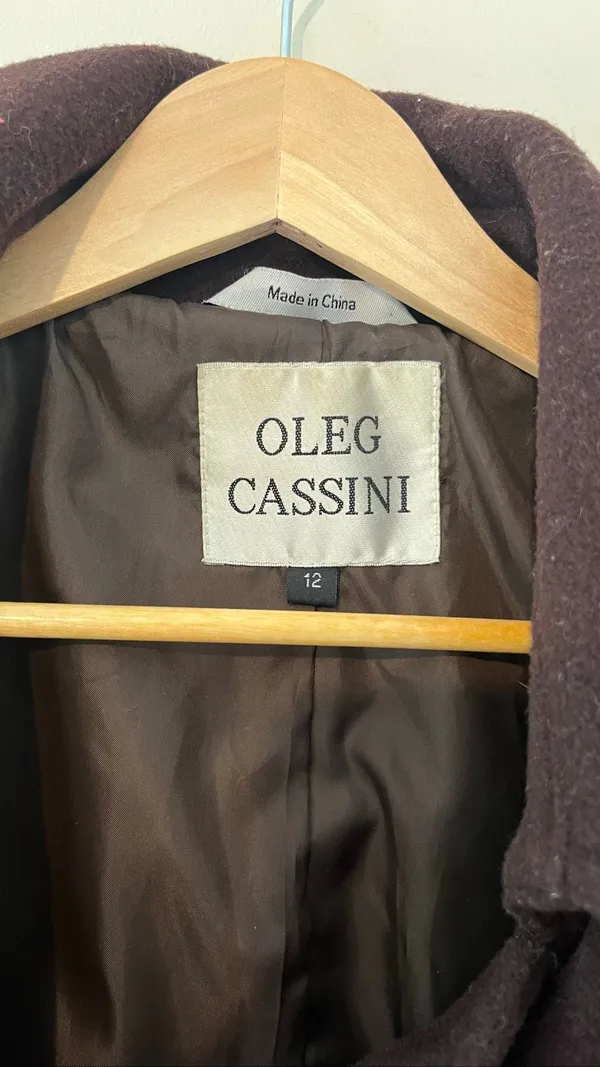 Vintage Oleg Cassini Dark Brown Wool Trench Coat Belted Double Breasted L 12 Y2 - Image 7