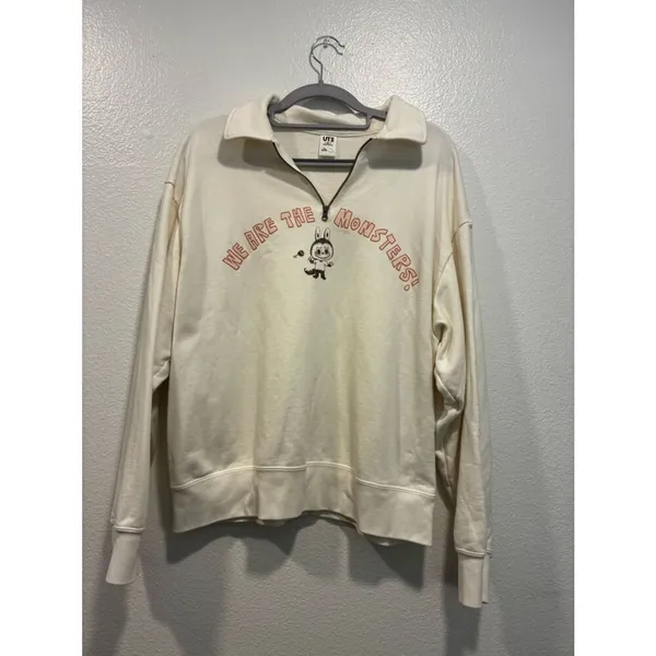 Uniqlo Cream Half-Zip Collared Sweatshirt with Pink Graphic - Image 2