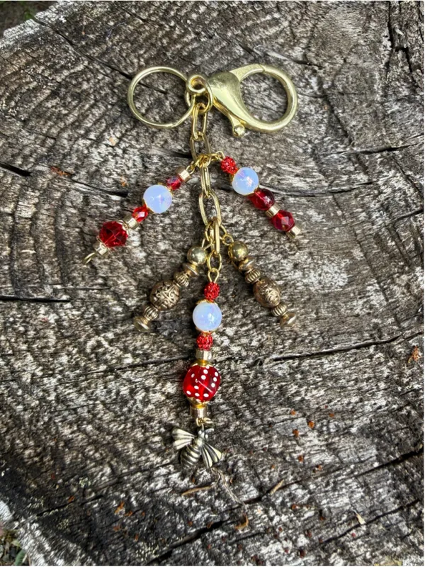 NEW One of a Kind Ruby Bee Handmade Beaded Bag Charm Keychain (#35) - Image 3
