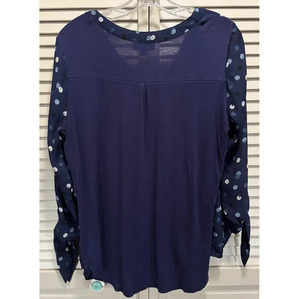 Fortune +‎ Ivy Polka Dot Chiffon Blue/White 3/4 Tie Sleeve Button Blouse Size M - Image 5