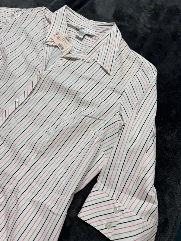 Dressbarn pink and white striped button up shirt with tie Size XXL #preppy #stripedshirt - Image 5