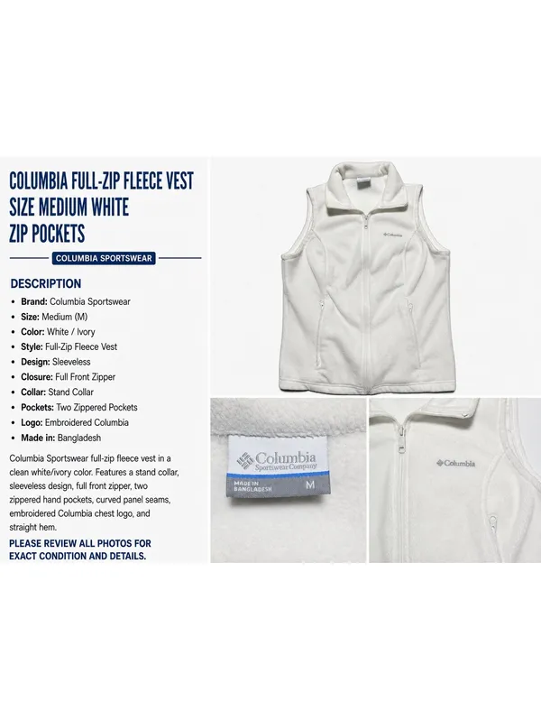 Columbia Sportswear M White Ivory Full Zip Fleece Vest Zippered Pockets - Image 2