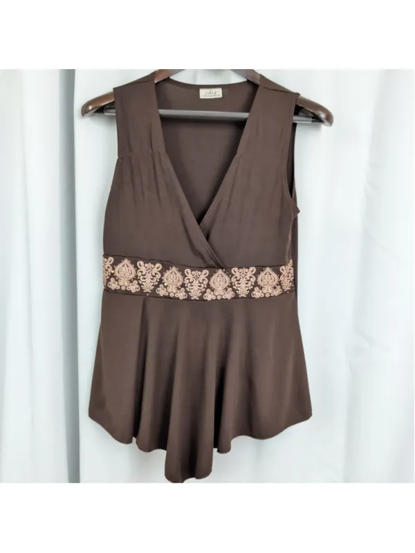 Vintage USA Made Brown Embellished Baby Doll Top - Image 8
