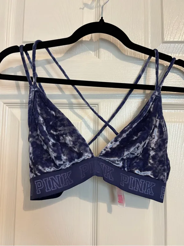 PINK Victoria’s Secret medium unlined blue crushed velvet triangle bralette - Image 3