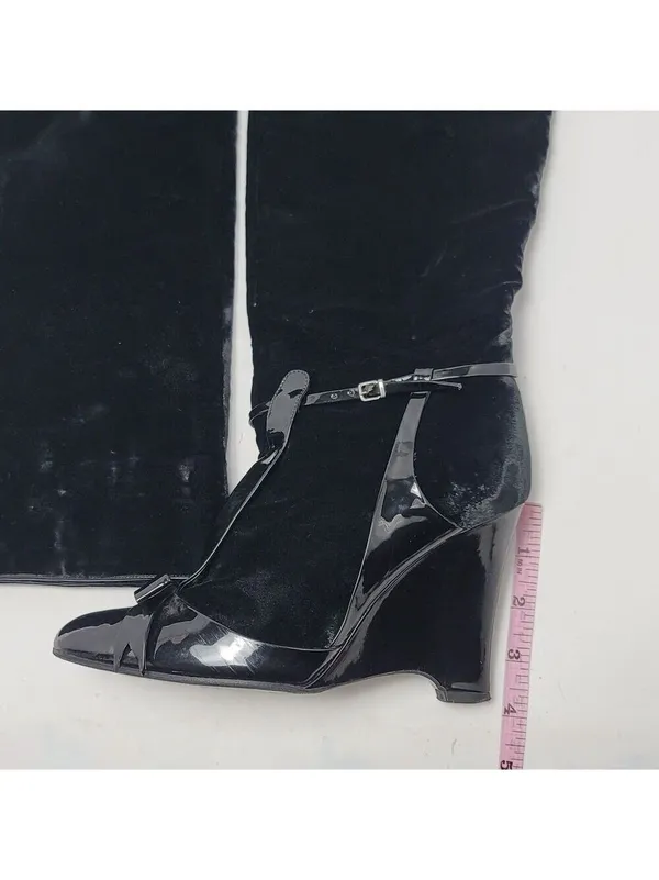 Laurence Dacade Velvet Patent Leather Bow Knee High Wedge Heels Boot Size 38 - Image 6
