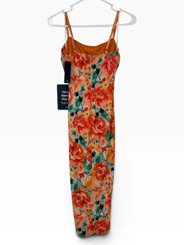 NWT * LULU’S Date Night Beauty Orange Floral Print Mesh Ruched Midi Dress Sm - Image 8