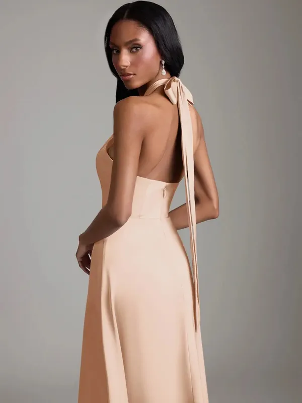 Azazie Tracie Maxi Dress English Rose A-Line Side Slit Stretch Satin Dress Sz 16 - Image 4