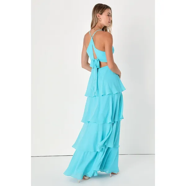 NWT Lulus Tier and Now Blue Tie-Back Tiered Maxi Dress Dance Gala Wedding Sz XS - Image 3