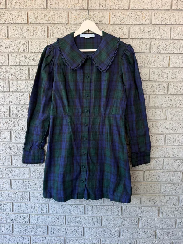 Hill House The Hazel Dress Blackwatch Tartan Plaid Cotton Ruffle Mini Medium - Image 5