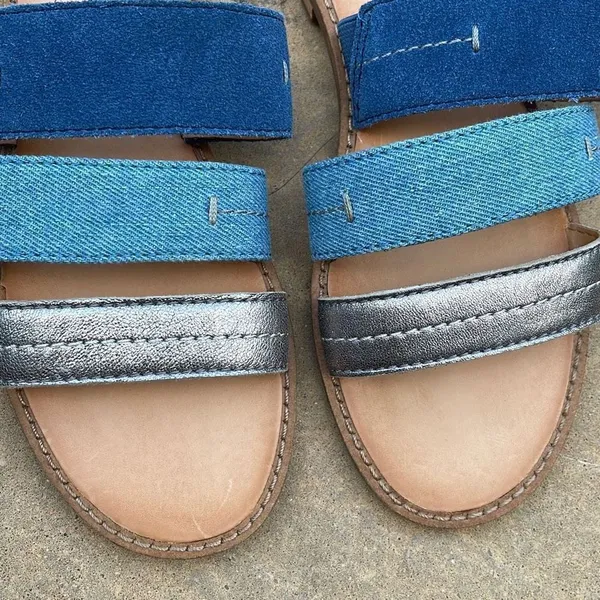 Frye and Co Womens Evie Slip On Sandals Flat Slide 3 Straps Casual Blue Size 6 M - Image 4