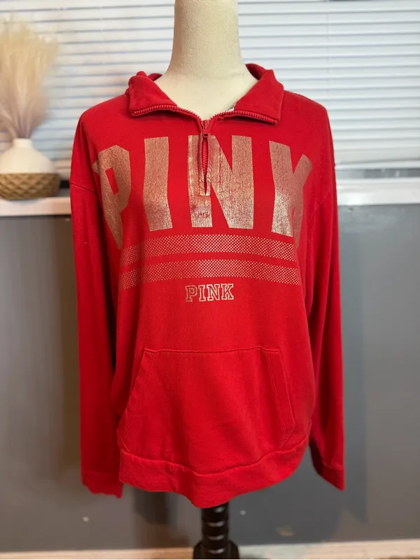 PINK Victoria’s Secret Red Quarter Zip Sweatshirt Medium - Image 4