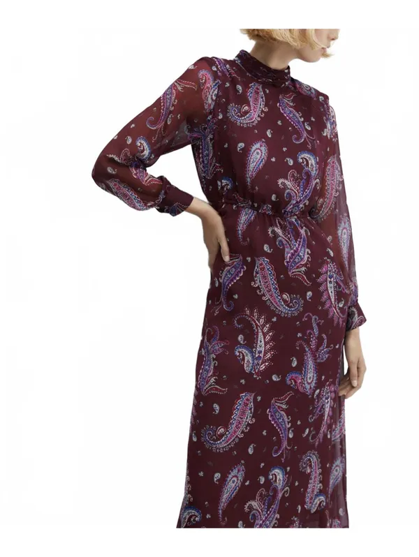Mango Long Sleeve Flowy Paisley-Print Dress Midi Sandy Maroon NWT Size 2/XS - Image 3