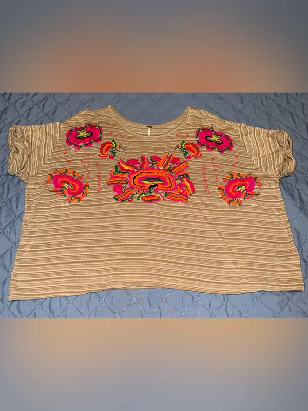Free People Beige Striped Crop Top with Neon Floral Embroidery-mushroom combo - Image 2