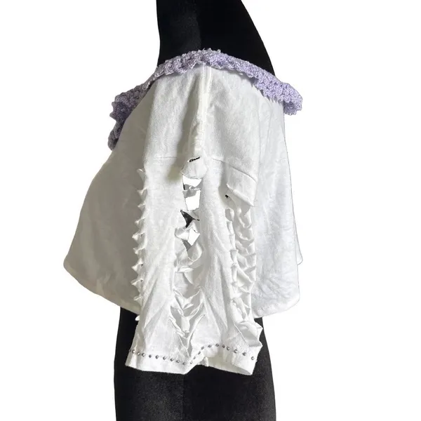 White Cropped Flirty T-Shirt Crochet Neck Trim Shredded Sleeves Festival Rave - Image 3