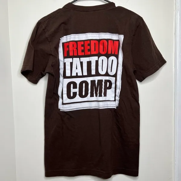 American Apparel Freedom Tattoo Comp Short Sleeve T Shirt Brown Back Graphic Size Small - Image 5
