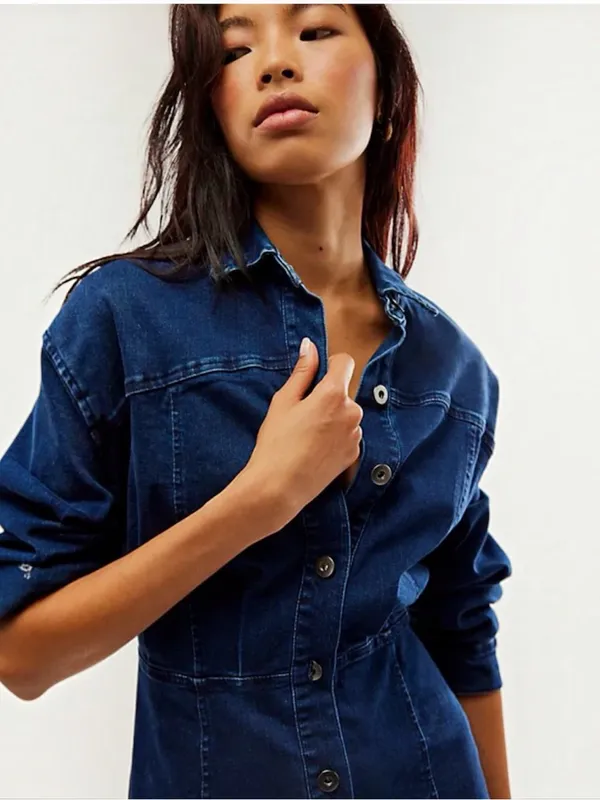 Free People Dark Wash Stretch Denim Mini Dress Size 2 - Image 3